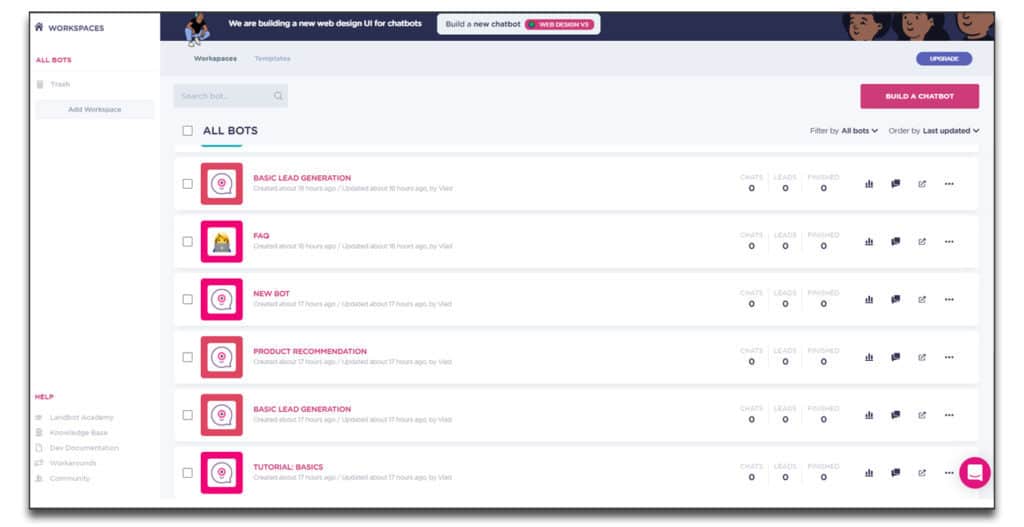 landbot dashboard interface