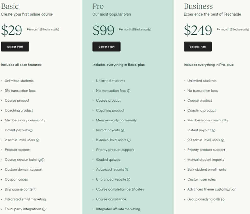 Teachable pricing table